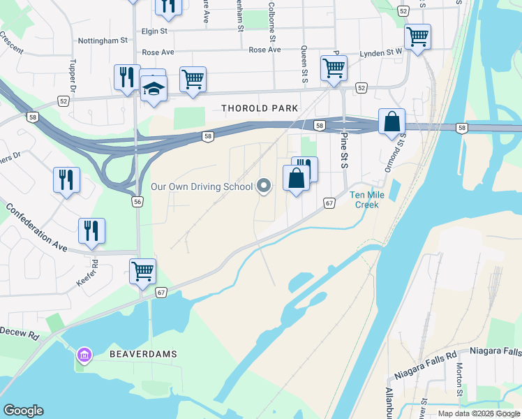map of restaurants, bars, coffee shops, grocery stores, and more near 32 Baker Street in Thorold