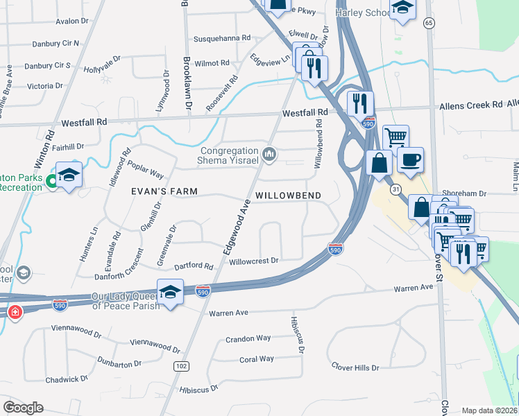 map of restaurants, bars, coffee shops, grocery stores, and more near 390 Edgewood Avenue in Rochester