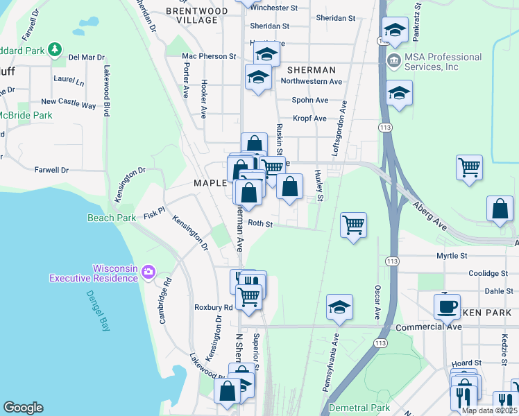 map of restaurants, bars, coffee shops, grocery stores, and more near 1736 Roth Street in Madison