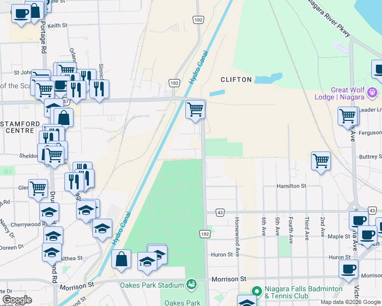 map of restaurants, bars, coffee shops, grocery stores, and more near in Niagara Falls