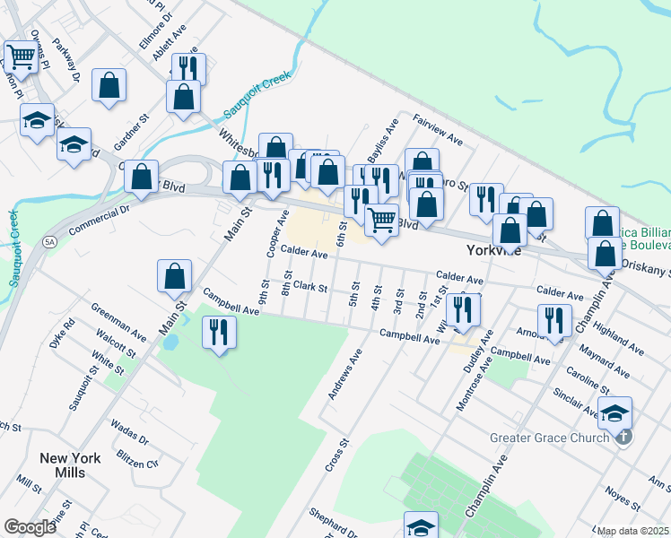 map of restaurants, bars, coffee shops, grocery stores, and more near 6th Street in Yorkville