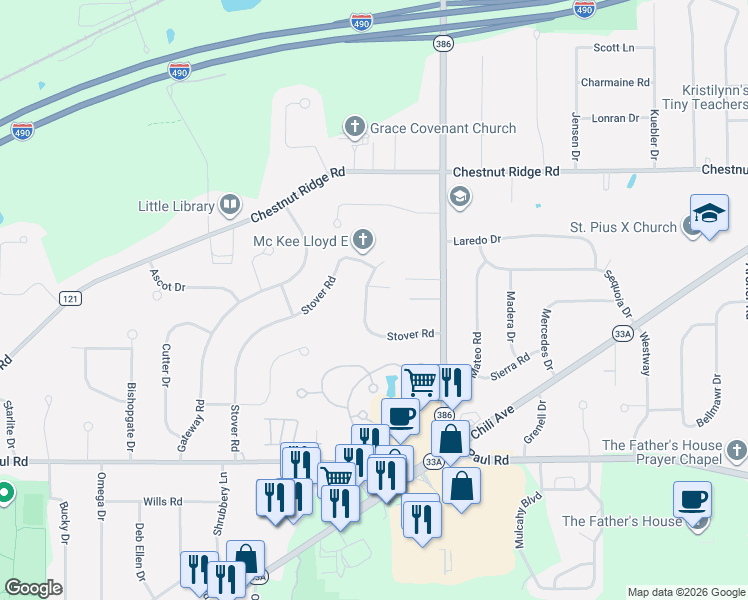 map of restaurants, bars, coffee shops, grocery stores, and more near 107 Stover Road in Rochester