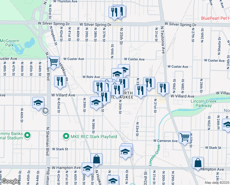 map of restaurants, bars, coffee shops, grocery stores, and more near 3511 West Villard Avenue in Milwaukee