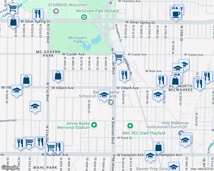 map of restaurants, bars, coffee shops, grocery stores, and more near 4333 West Villard Avenue in Milwaukee