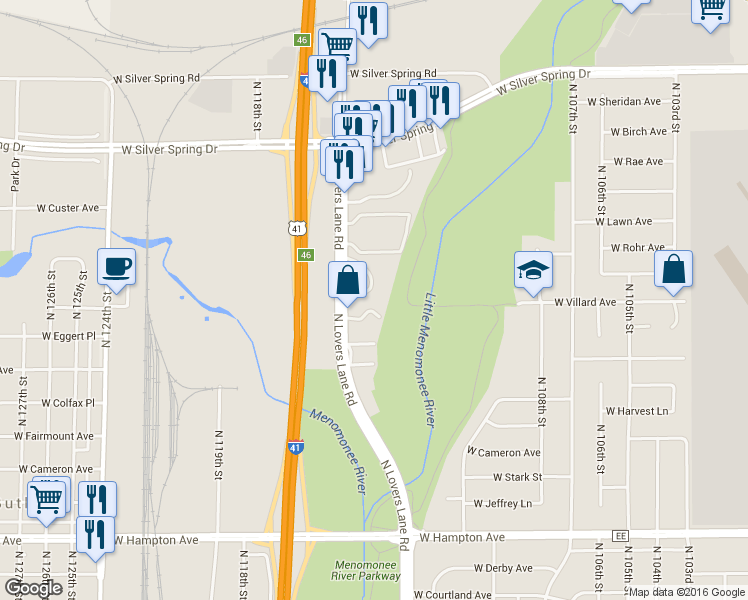 map of restaurants, bars, coffee shops, grocery stores, and more near 5166 North Lovers Lane Road in Milwaukee