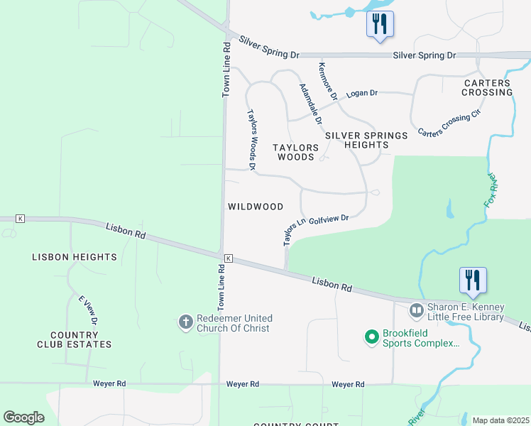 map of restaurants, bars, coffee shops, grocery stores, and more near N51W21850 Lisbon Road in Menomonee Falls