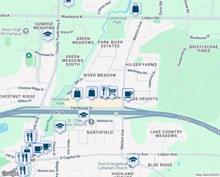 map of restaurants, bars, coffee shops, grocery stores, and more near 625 Sunnyslope Drive in Hartland