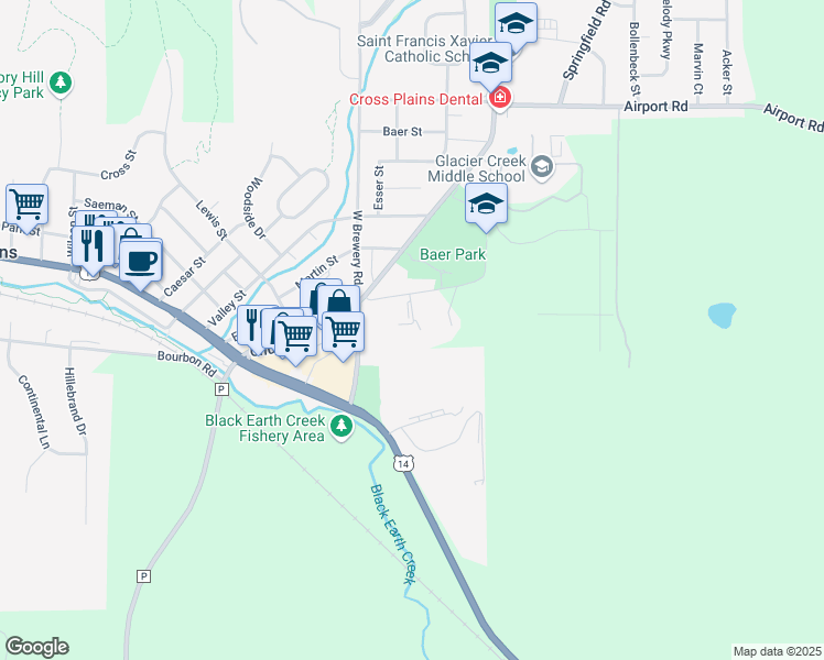 map of restaurants, bars, coffee shops, grocery stores, and more near 2310 West Brewery Road in Cross Plains