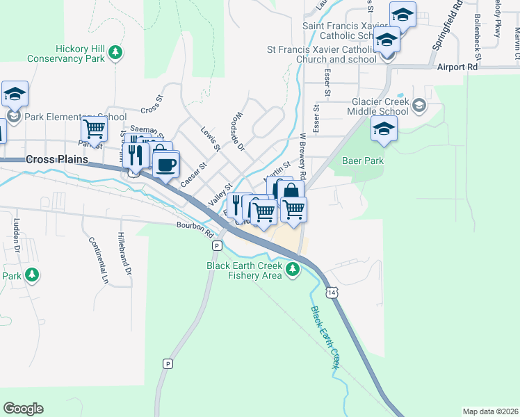 map of restaurants, bars, coffee shops, grocery stores, and more near 2306 County Road P in Cross Plains