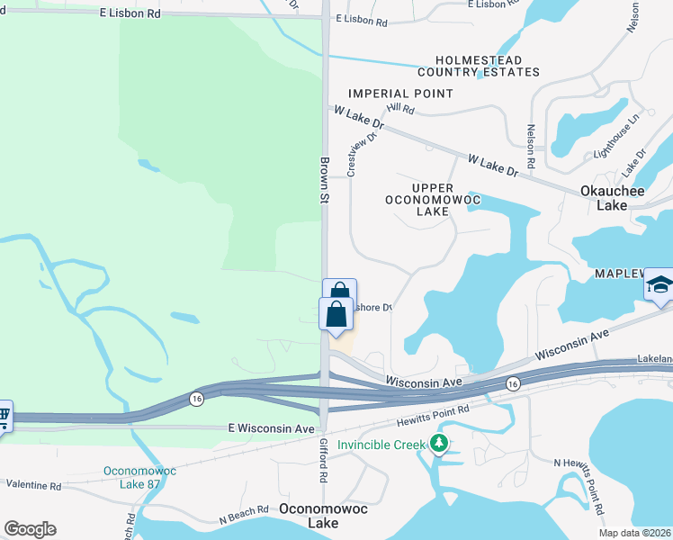 map of restaurants, bars, coffee shops, grocery stores, and more near W359N5090 Brown Street in Oconomowoc
