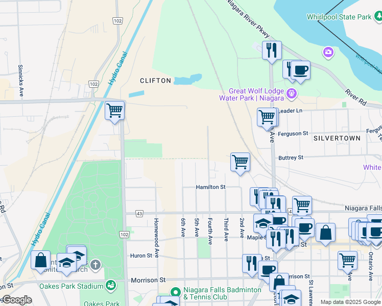 map of restaurants, bars, coffee shops, grocery stores, and more near 4261 Fourth Avenue in Niagara Falls
