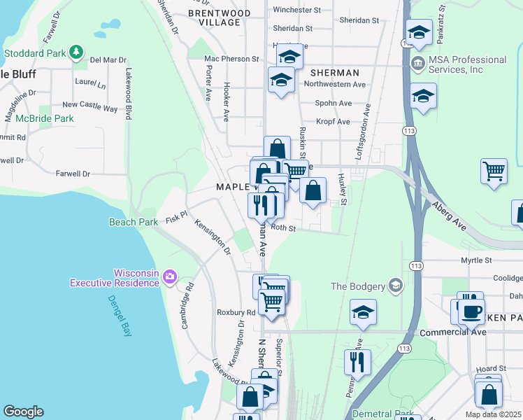 map of restaurants, bars, coffee shops, grocery stores, and more near 1110 North Sherman Avenue in Madison