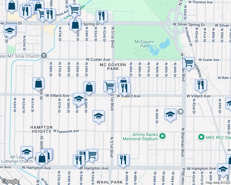 map of restaurants, bars, coffee shops, grocery stores, and more near 5251 North 51st Boulevard in Milwaukee