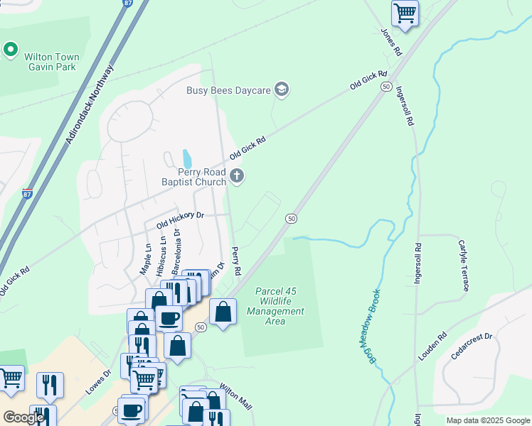 map of restaurants, bars, coffee shops, grocery stores, and more near 150 Perry Road in Saratoga Springs