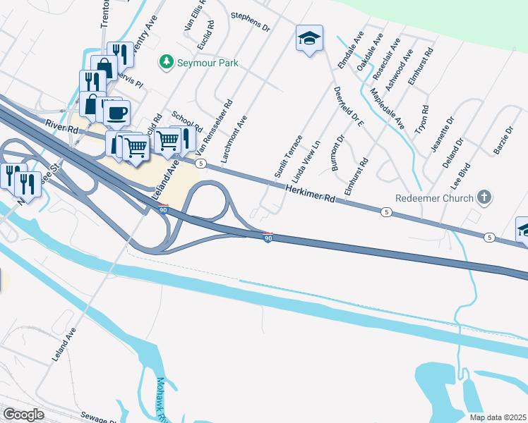 map of restaurants, bars, coffee shops, grocery stores, and more near 41 Candlewyck Lane in Utica