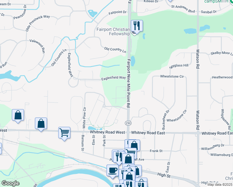 map of restaurants, bars, coffee shops, grocery stores, and more near 9 Eaglesfield Way in Fairport