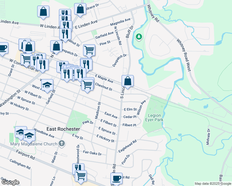 map of restaurants, bars, coffee shops, grocery stores, and more near 111 South Lincoln Road in East Rochester