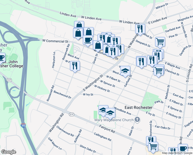 map of restaurants, bars, coffee shops, grocery stores, and more near 317 West Filbert Street in East Rochester