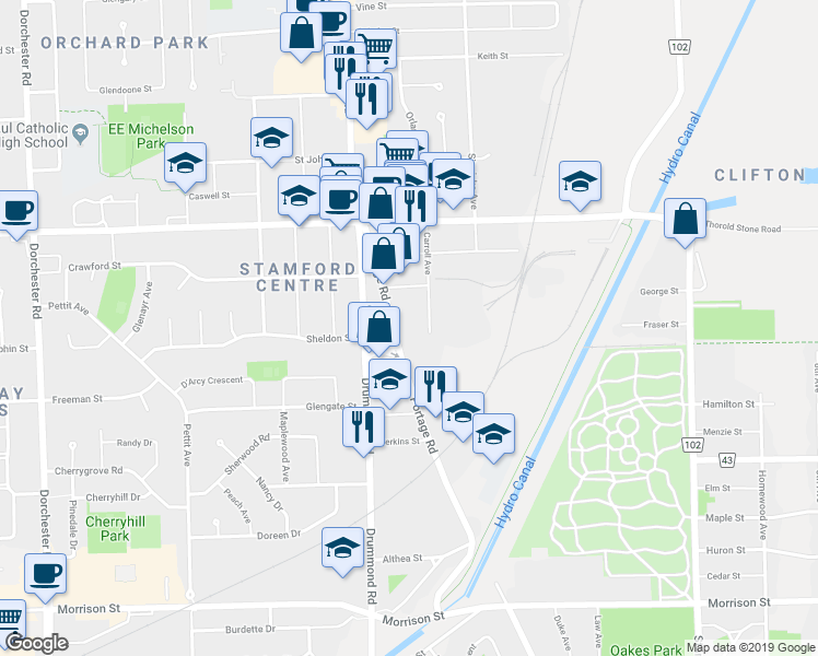 map of restaurants, bars, coffee shops, grocery stores, and more near 4163 Carroll Avenue in Niagara Falls
