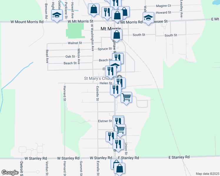 map of restaurants, bars, coffee shops, grocery stores, and more near 679 Helen Street in Mount Morris