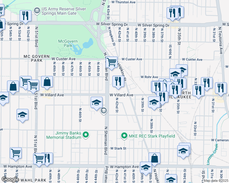 map of restaurants, bars, coffee shops, grocery stores, and more near 5250 North Sherman Boulevard in Milwaukee
