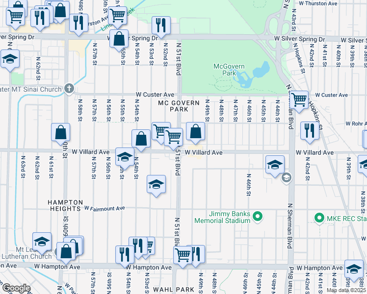 map of restaurants, bars, coffee shops, grocery stores, and more near 5251 North 51st Boulevard in Milwaukee