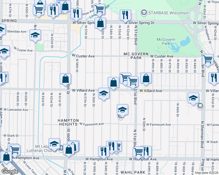 map of restaurants, bars, coffee shops, grocery stores, and more near 5240 North 54th Street in Milwaukee