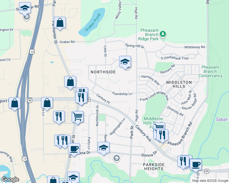 map of restaurants, bars, coffee shops, grocery stores, and more near 3409 Bauer Court in Middleton