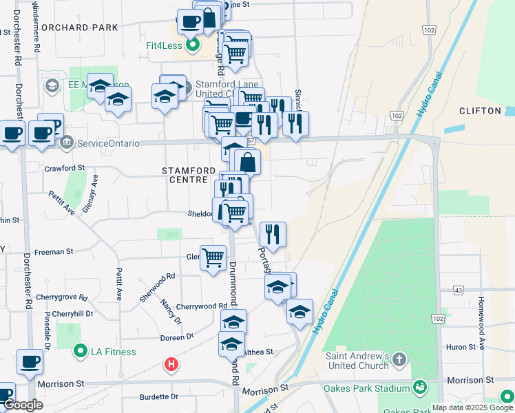 map of restaurants, bars, coffee shops, grocery stores, and more near 4218 Portage Road in Niagara Falls