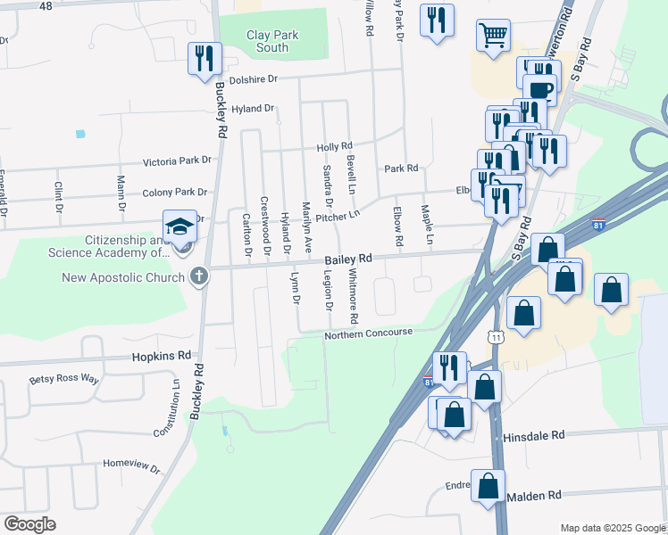 map of restaurants, bars, coffee shops, grocery stores, and more near 101 Legion Drive in Syracuse