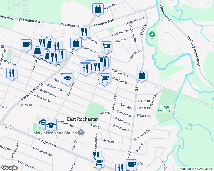 map of restaurants, bars, coffee shops, grocery stores, and more near 120 East Commercial Street in East Rochester