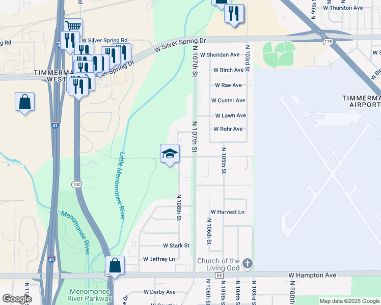 map of restaurants, bars, coffee shops, grocery stores, and more near 5236 North 107th Street in Milwaukee