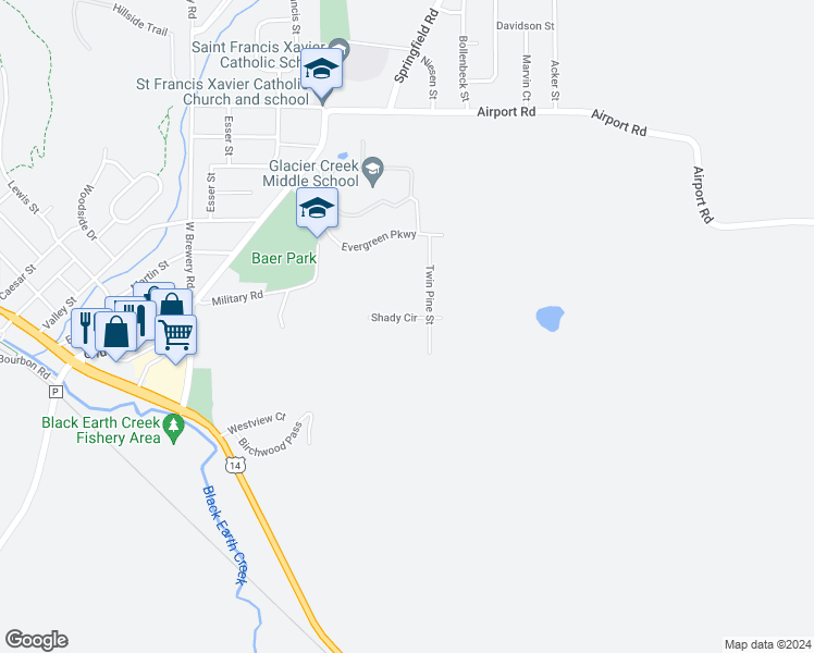 map of restaurants, bars, coffee shops, grocery stores, and more near 3014 Shady Circle in Cross Plains