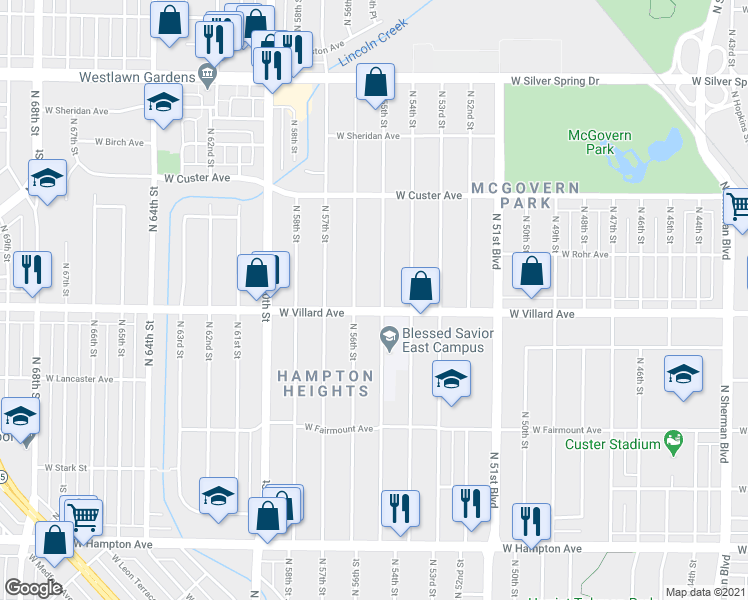 map of restaurants, bars, coffee shops, grocery stores, and more near 5242 North 55th Street in Milwaukee