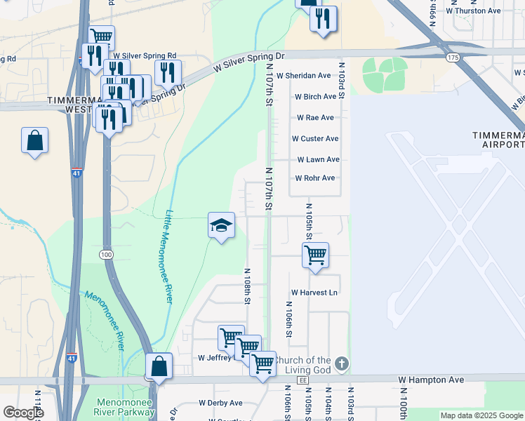 map of restaurants, bars, coffee shops, grocery stores, and more near 5236 North 107th Street in Milwaukee