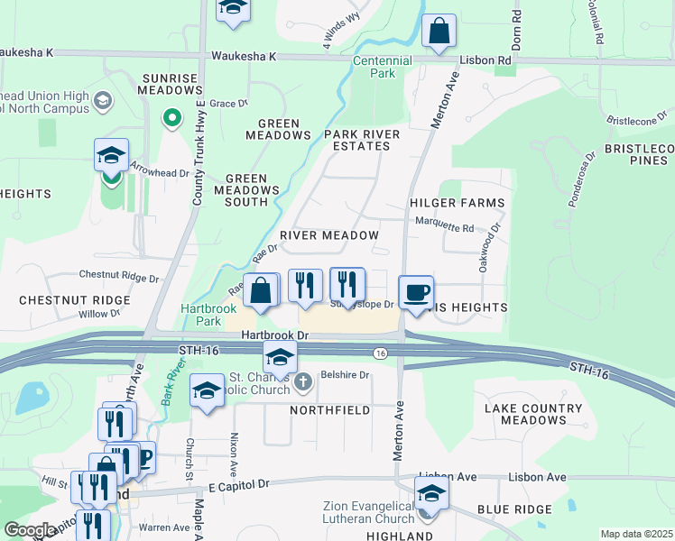 map of restaurants, bars, coffee shops, grocery stores, and more near 652 Greenway Terrace in Hartland