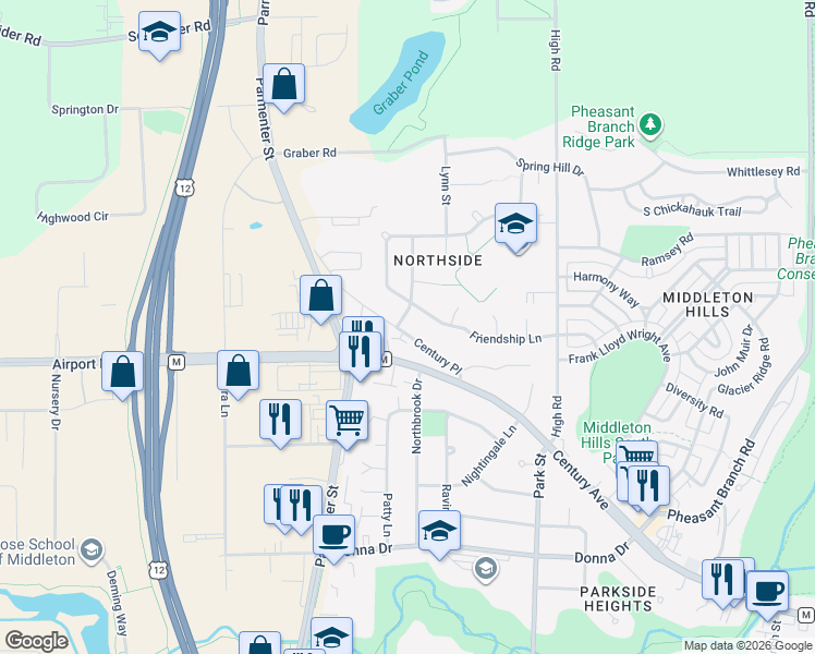 map of restaurants, bars, coffee shops, grocery stores, and more near 7405 Friendship Lane in Middleton