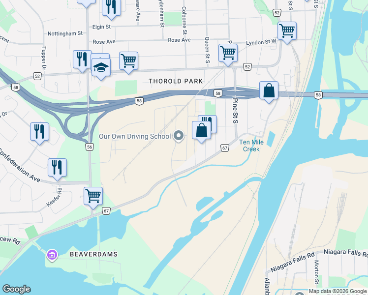 map of restaurants, bars, coffee shops, grocery stores, and more near 53 Baker Street in Thorold