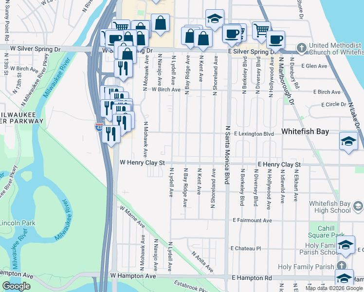 map of restaurants, bars, coffee shops, grocery stores, and more near 5276 North Bay Ridge Avenue in Whitefish Bay