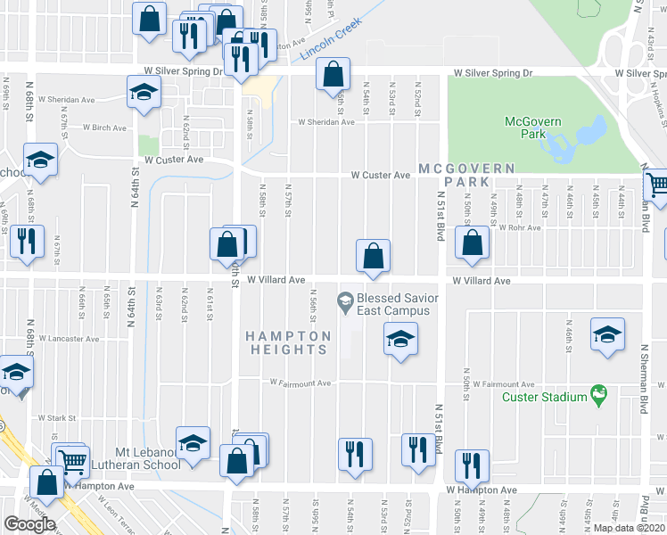 map of restaurants, bars, coffee shops, grocery stores, and more near 5215 North 55th Street in Milwaukee