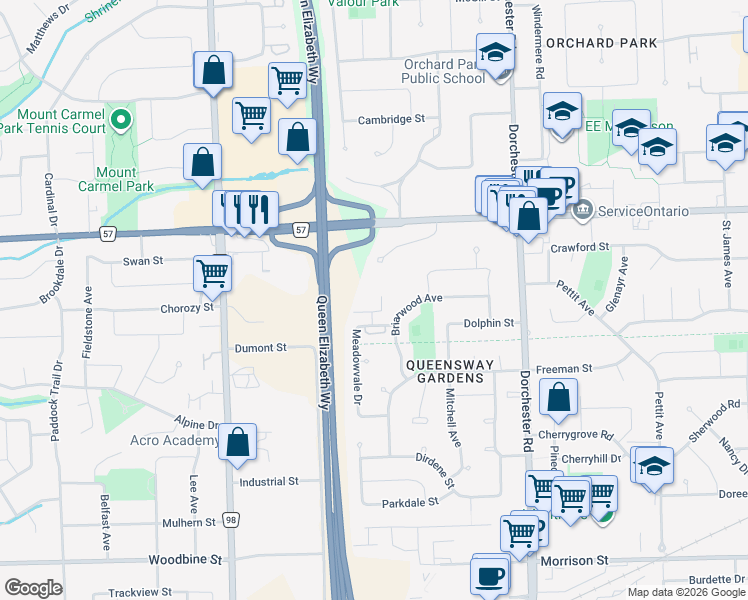 map of restaurants, bars, coffee shops, grocery stores, and more near 4215 Meadowvale Drive in Niagara Falls