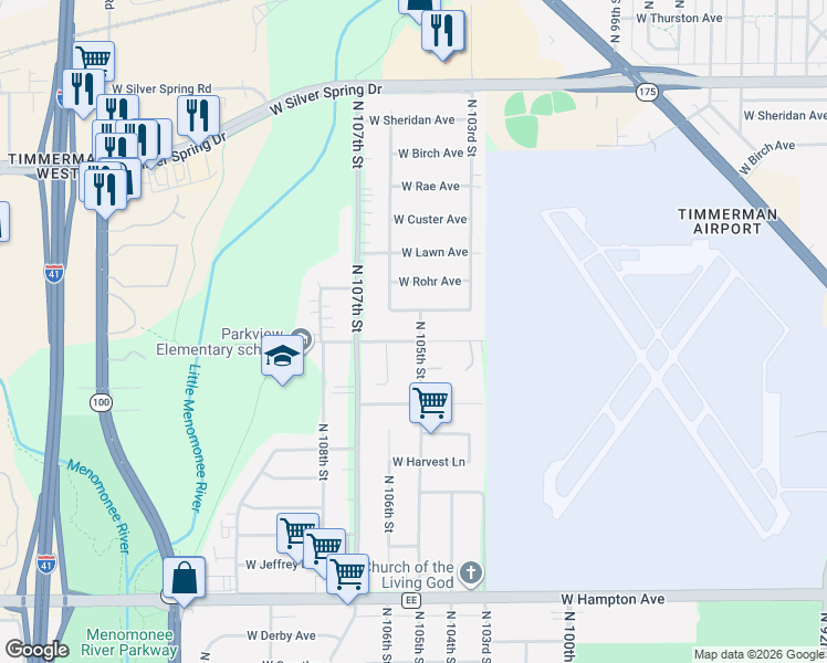 map of restaurants, bars, coffee shops, grocery stores, and more near 10519 West Caldwell Avenue in Milwaukee