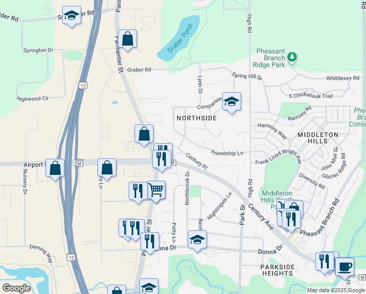 map of restaurants, bars, coffee shops, grocery stores, and more near 7405 Friendship Lane in Middleton