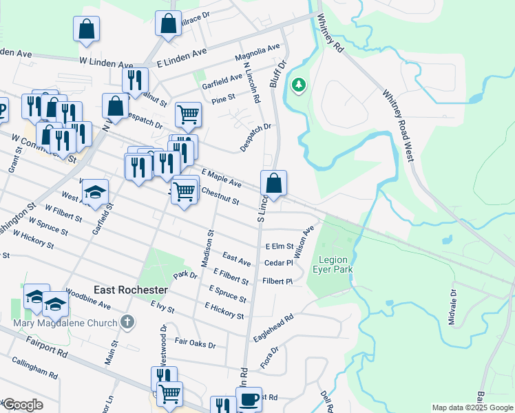 map of restaurants, bars, coffee shops, grocery stores, and more near 111 South Lincoln Road in East Rochester