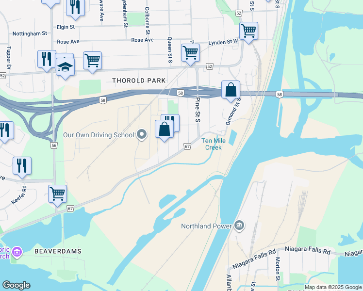 map of restaurants, bars, coffee shops, grocery stores, and more near 74 Martin Street in Thorold
