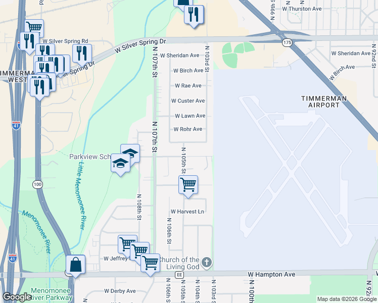map of restaurants, bars, coffee shops, grocery stores, and more near 10409 West Caldwell Avenue in Milwaukee