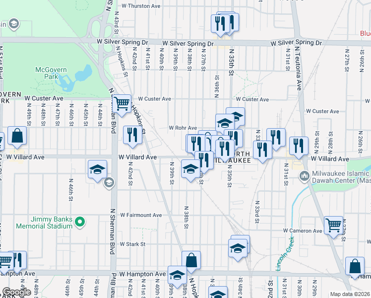 map of restaurants, bars, coffee shops, grocery stores, and more near 5219 North 38th Street in Milwaukee