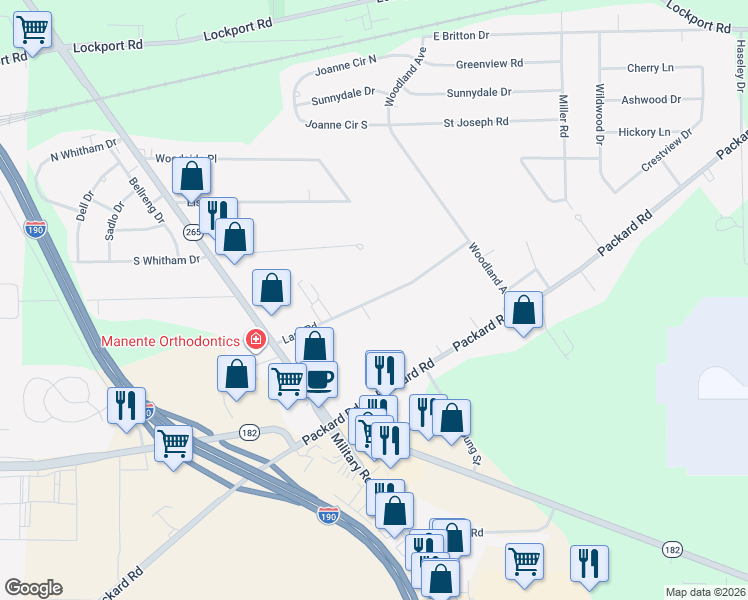 map of restaurants, bars, coffee shops, grocery stores, and more near 7020 Laur Road in Niagara Falls