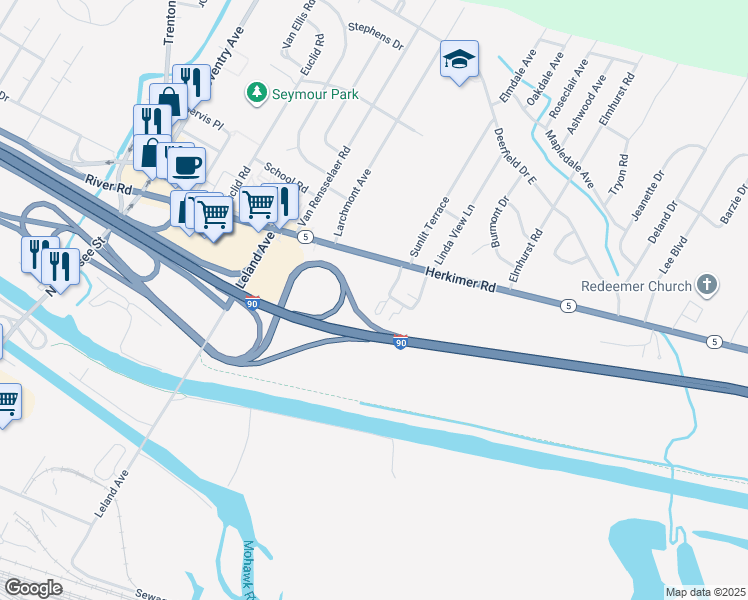 map of restaurants, bars, coffee shops, grocery stores, and more near 31 Candlewyck Lane in Utica