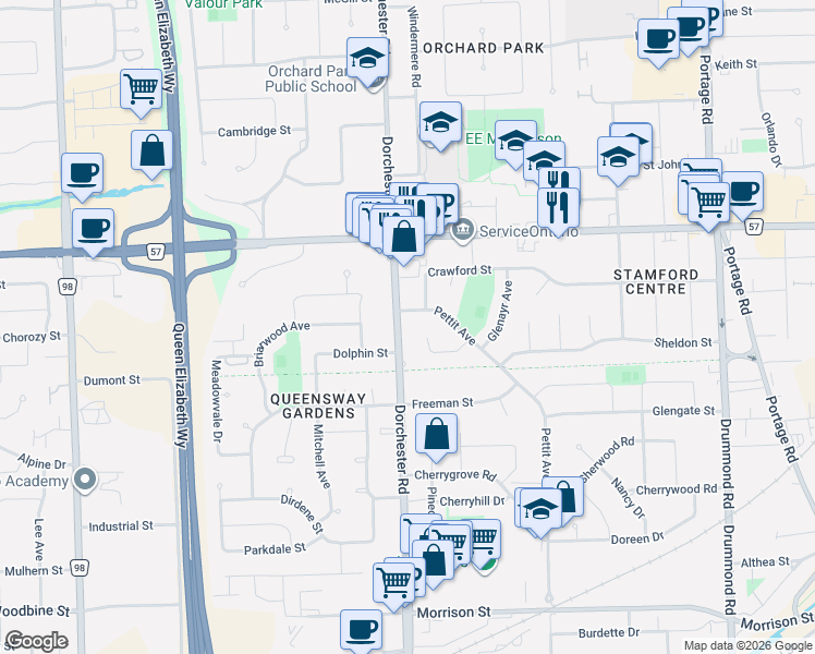 map of restaurants, bars, coffee shops, grocery stores, and more near in Niagara Falls